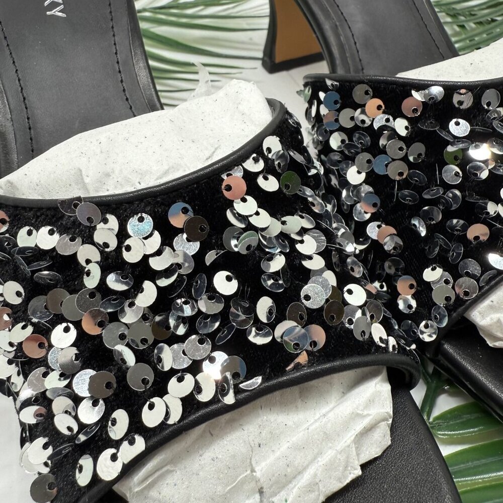 Lisa Vicky Sequin Slide Mule Heels 8.5 Black Silver Party Dressy Shoes NWT Shiny - Picture 4 of 11